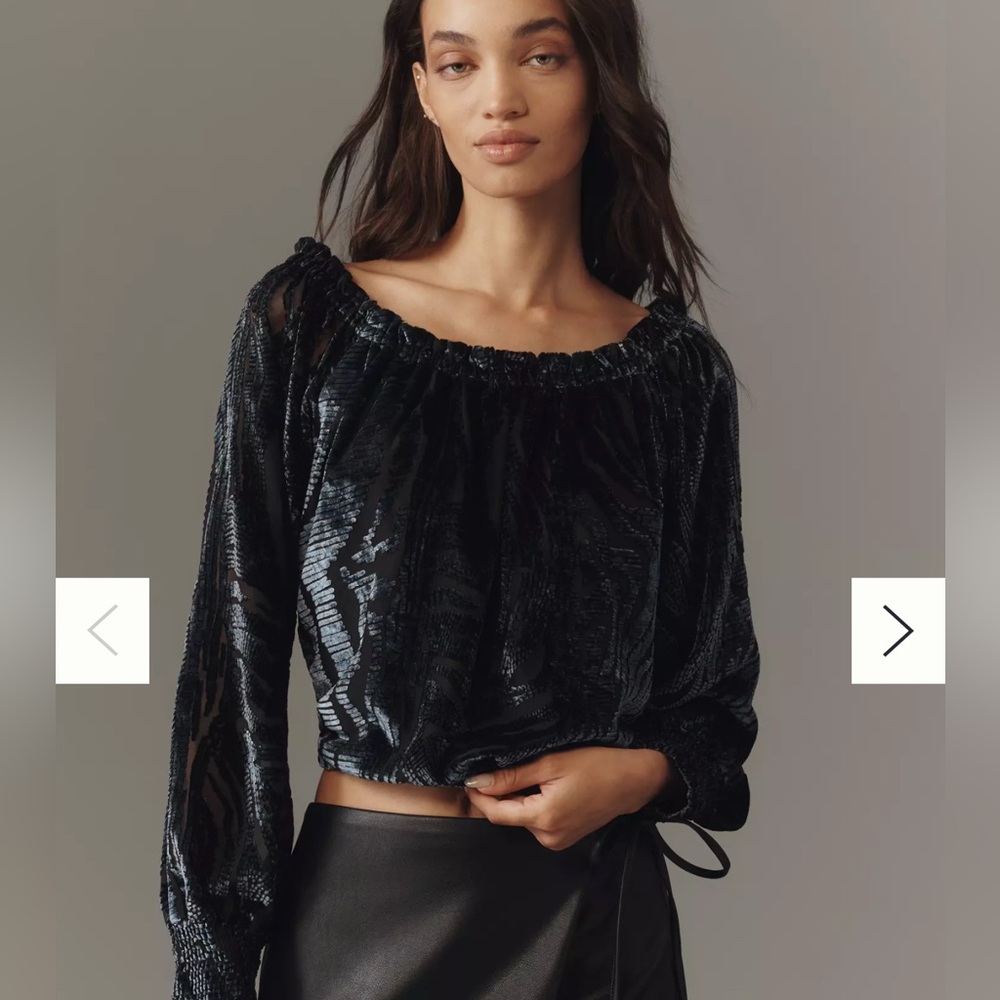 Anthropologie Blue Velvet Print Off Shoulder Top